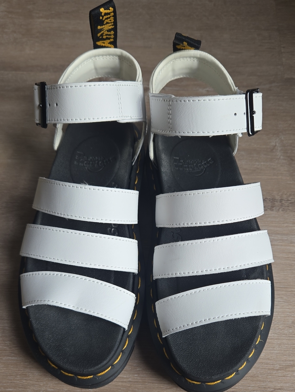 Dr. Martens White Blaire Sandals With Yellow Stitching